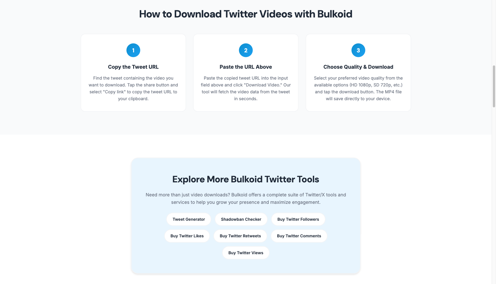 3-step process to download Twitter videos with Bulkoid: copy URL, paste, download